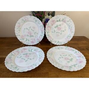 Arcopal Florentine Dinner Plates 4 France Pink Green Floral Milk Glass Vintage